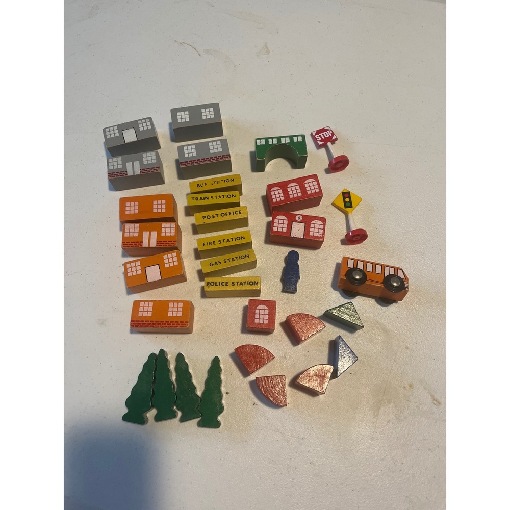 Vintage Wooden City Building Blocks Set Town Houses Bus Station Trees 30+ Pcs